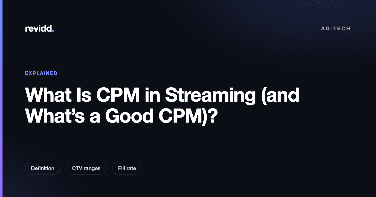 Diagram explaining how CPM is calculated in streaming, showing ad revenue divided by impressions per thousand for a FAST channel