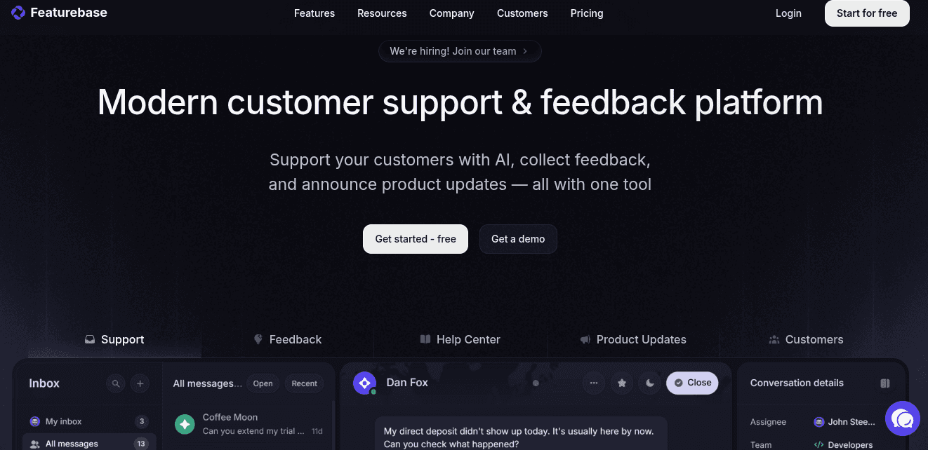 Featurebase homepage showing its customer support and feedback platform with Support, Feedback, Help Center, Product Updates, and Customers tabs