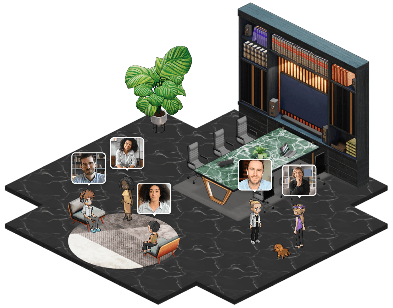 Image showing a luxurious virtual office with people sitting together having videocalls.