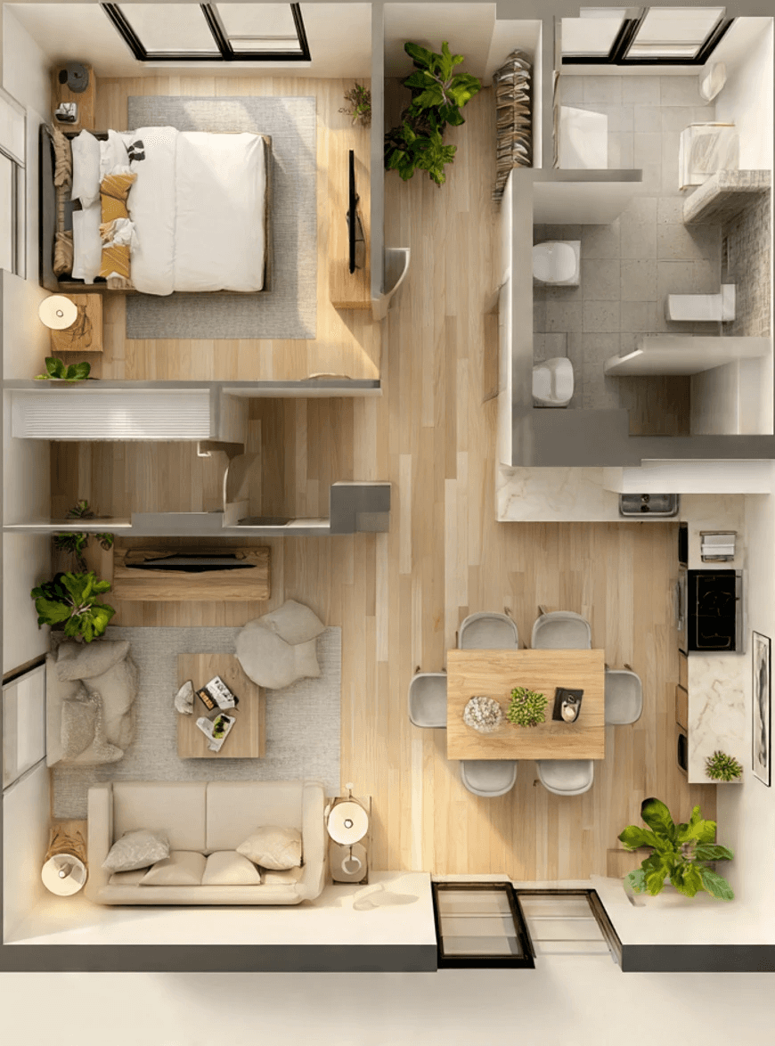 Overhead view of a modern, open-concept apartment with a cozy bedroom, stylish kitchen, dining area, chic living room, and bathroom; warm tones and greenery add a welcoming feel.