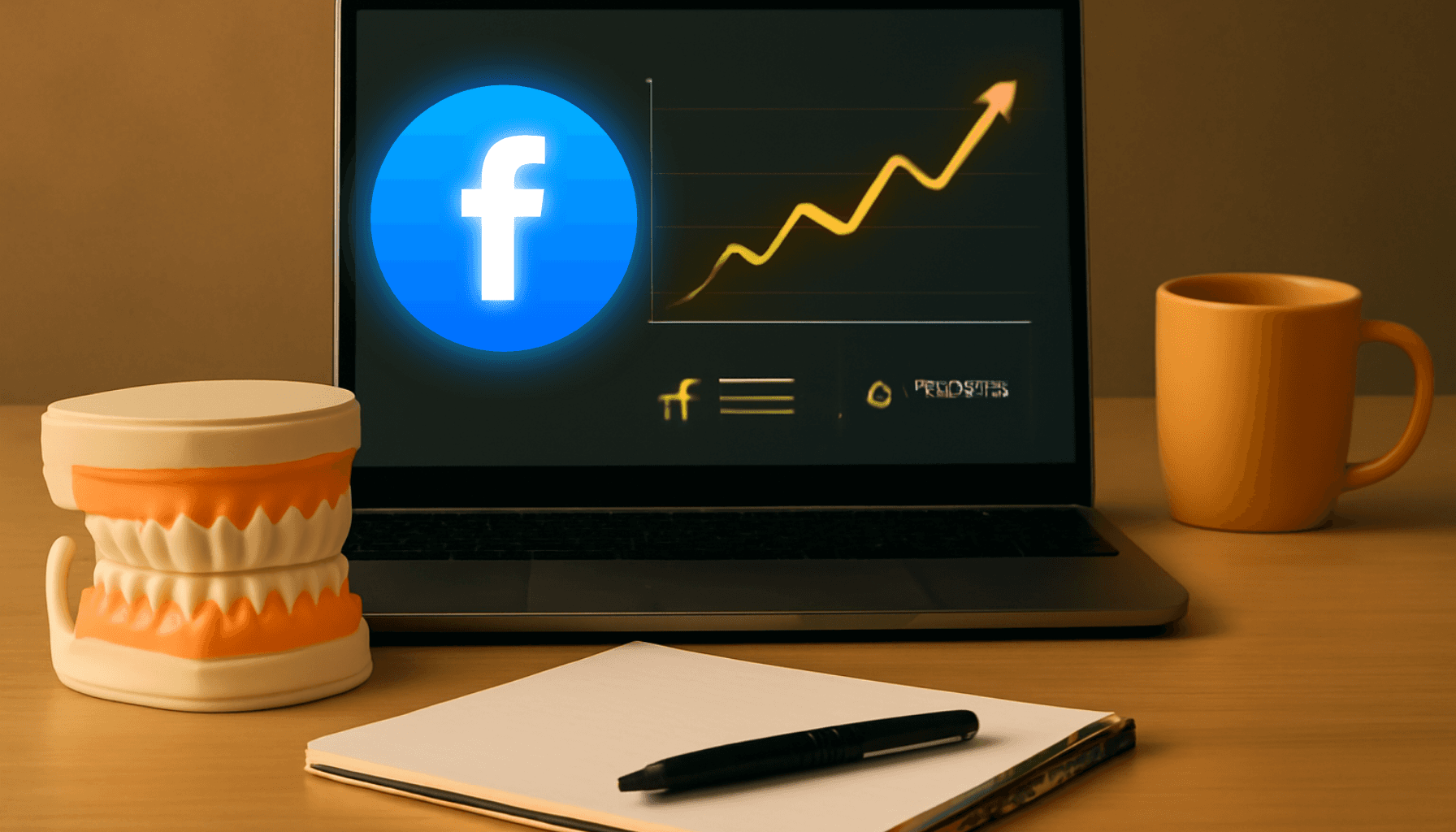 Laptop screen showing a Facebook Ads Dentist campaign with an upward-trending yellow graph, set on a wooden desk beside a dental model coffee mug, orange ceramic cup, and notepad with a pen under warm lighting.