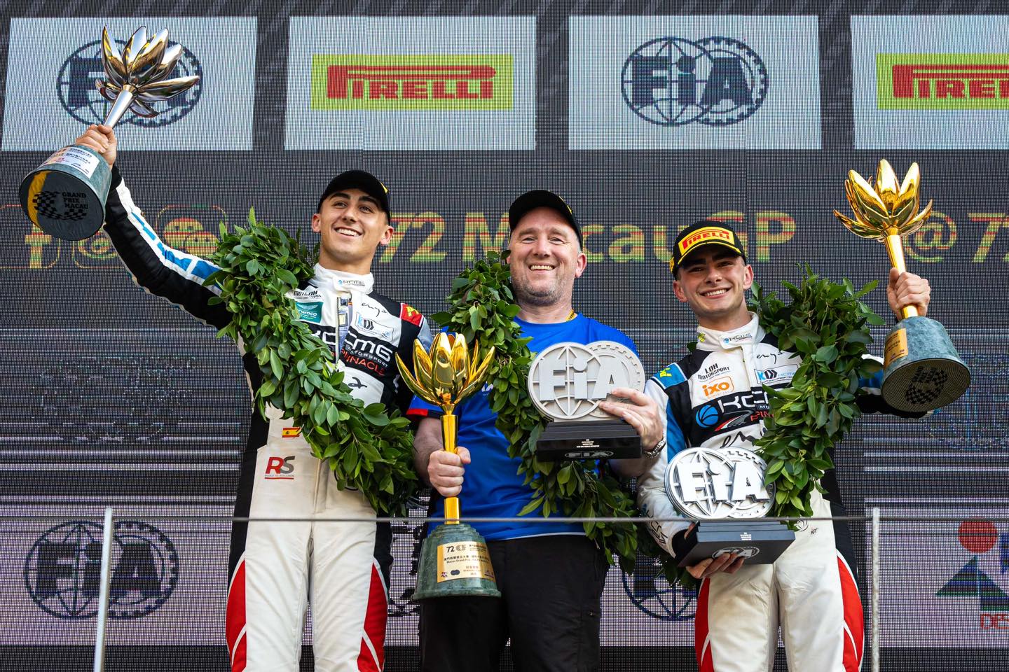Théophile Naël and Mari Boya on the podium of the Formula Regional World Cup in Macau