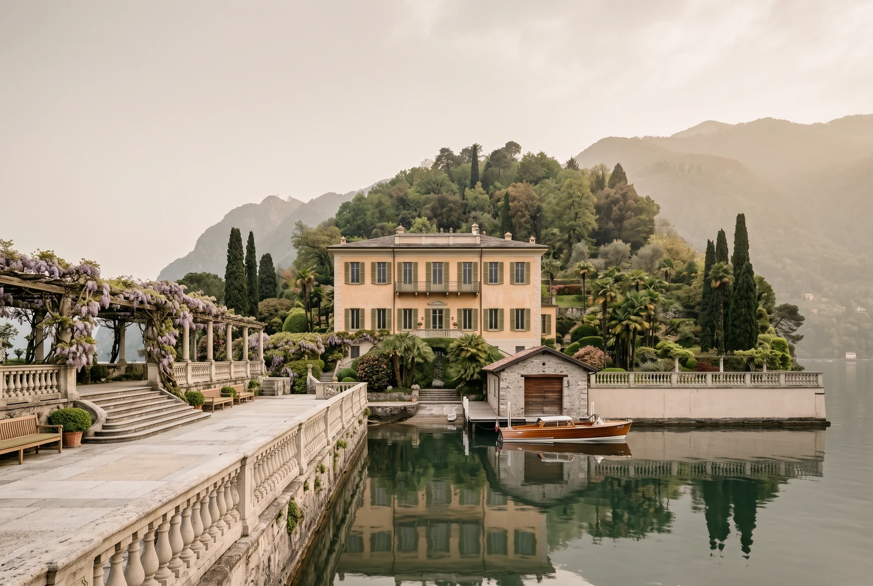 Wisteria terrace with a stone balustrade above the lake