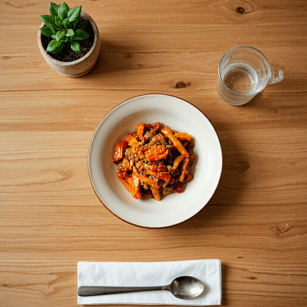 product photography of a bowl of food containing kimchi and meat