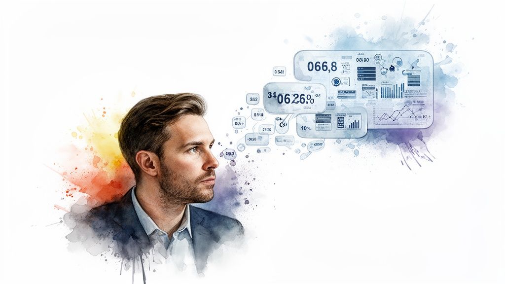 A man in a suit looking at floating data visualizations, charts, and numbers, depicting AI data analysis.