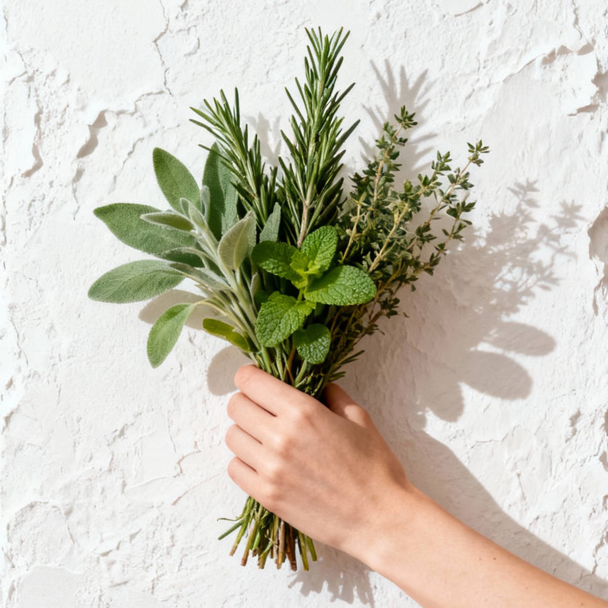 Hand holding some green plants up in the air