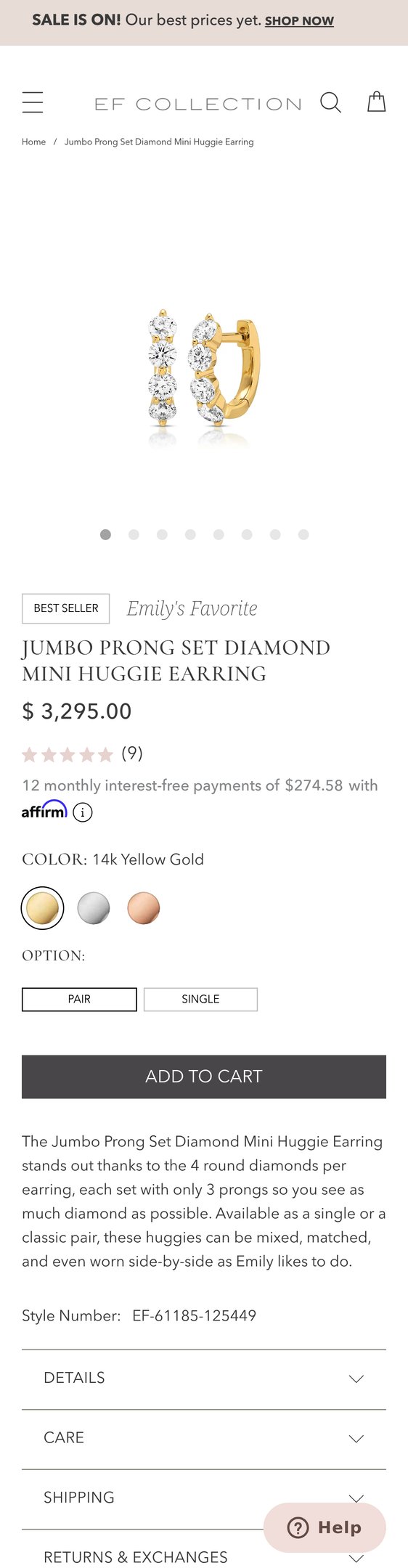 Jewelry product options include: earring for Jumbo Prong Set Diamond Mini Huggie Earring from EF Collection®.