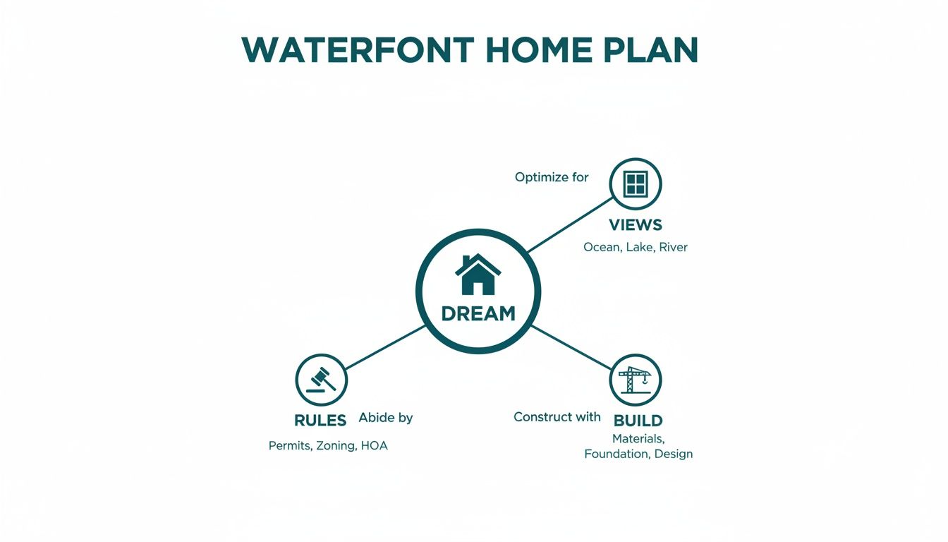 A diagram outlining the essential factors for a waterfront home plan: views, rules, and construction.