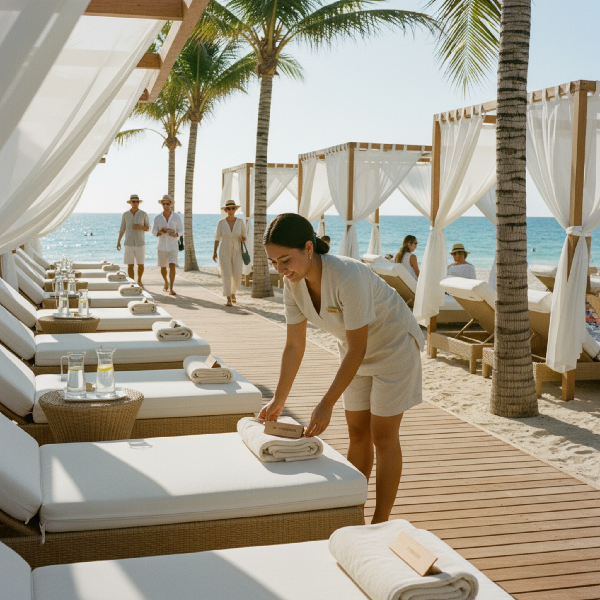 Helles Strandareal mit geordneten Reihen aus Liegen und einigen luftigen Cabanas. Ein Mitarbeiter legt sorgfältig gefaltete Handtücher und eine kleine Karte mit Reservierungsnamen auf einen Platz. Die Sonne spiegelt sich sanft im Wasser, Palmen werfen rhythmische Schatten auf den Holzsteg. Alles wirkt vorbereitet und einladend.