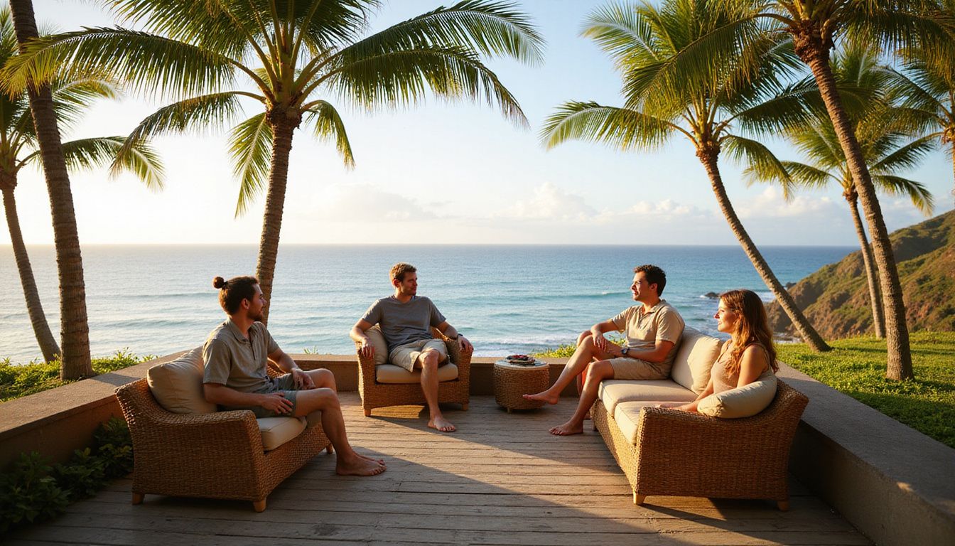 Tourists relax on a lanai overlooking the serene Pacific Ocean.