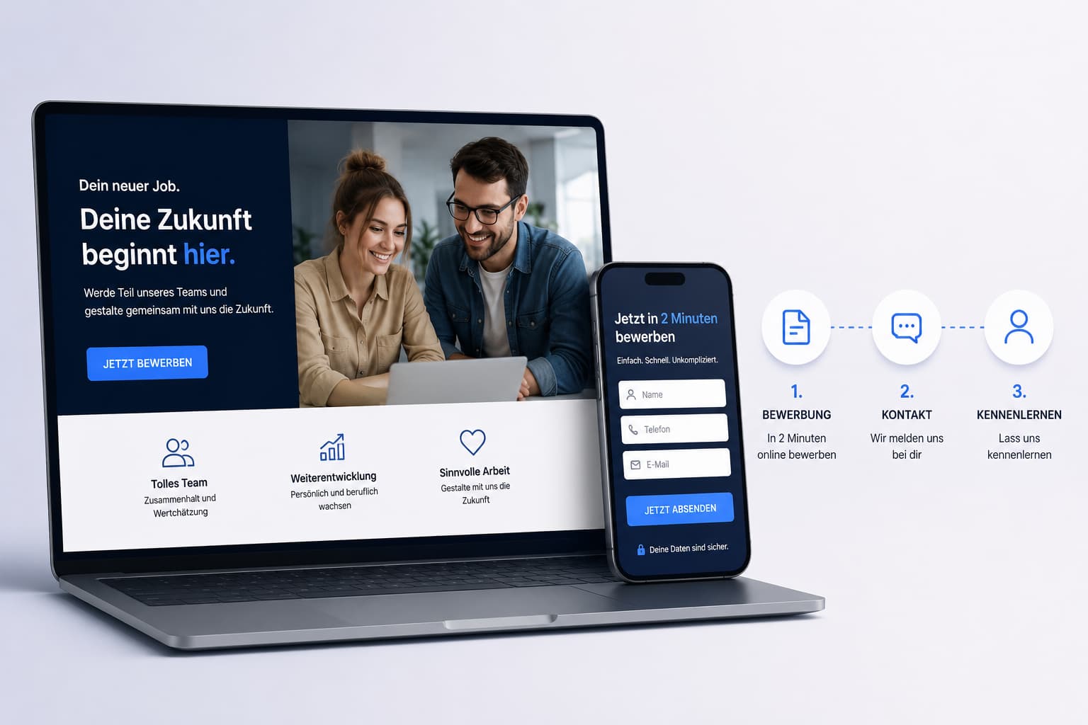 Grafische Darstellung einer Recruiting Landingpage mit Bewerbungsformular, mobilem Bewerbungsprozess und Conversion Optimierung. Das Bild zeigt Bewerberfragen, Anfrageprozess und digitale Bewerbergewinnung.