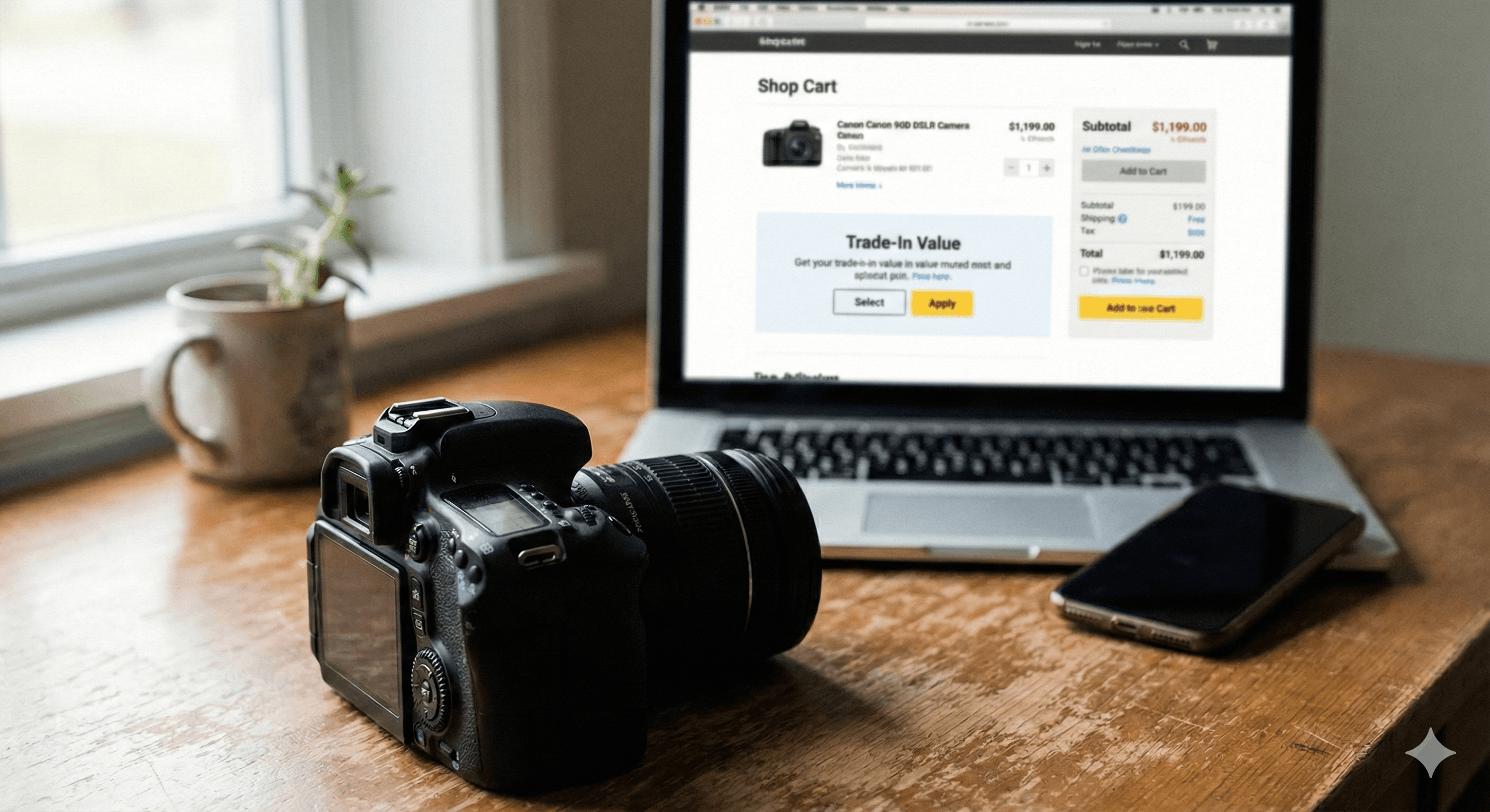 Nahtlose Trade-In Integration im Online-Shop Checkout: Ein Laptop auf einem Holztisch zeigt einen Warenkorb mit einer Kamera. Direkt unter dem Produktpreis ist ein interaktives Feld für den „Trade-In Value“ zur direkten Verrechnung des Altgeräts integriert. Im Vordergrund steht eine DSLR-Kamera als Symbol für den Ankauf.