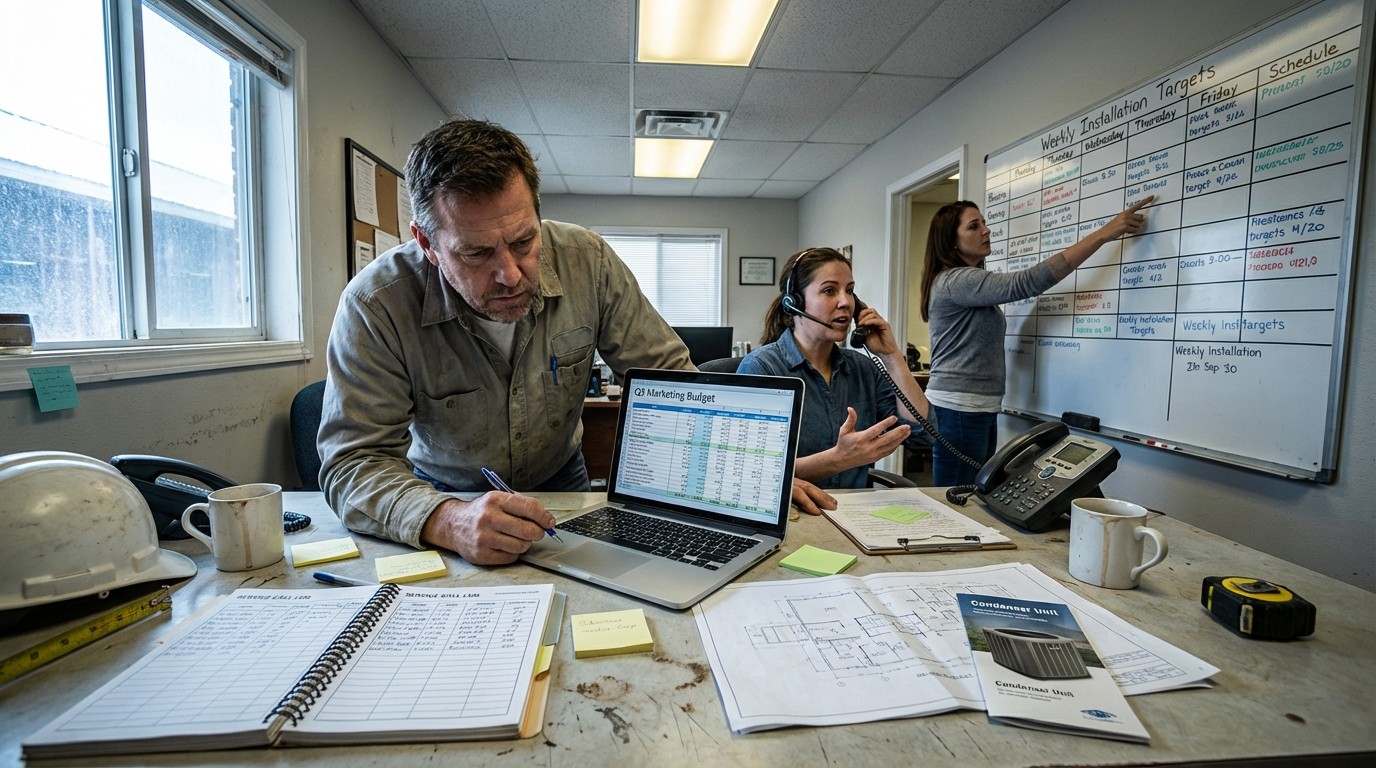 HVAC marketing budget allocation chart showing spend tiers and expected installation revenue