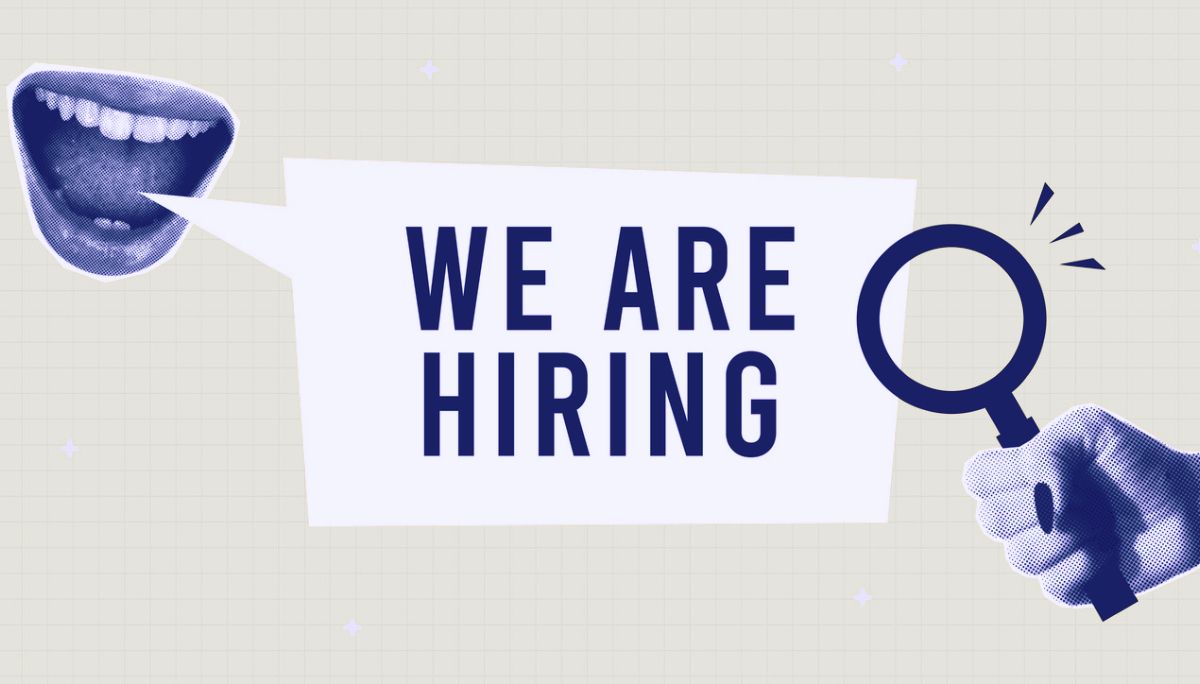 Graphic with speech bubble saying we are hiring, symbolizing jobs hiring immediately and fast‑moving companies.