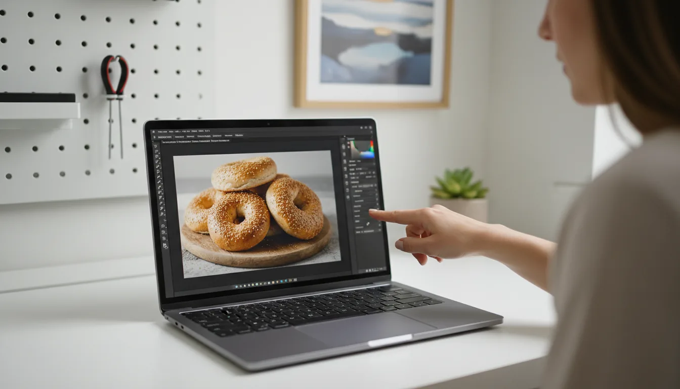 High-quality DSLR photograph from an over-the-shoulder perspective of a person editing a photo on a modern, dark grey laptop. The screen displays Adobe Photoshop's Camera Raw interface in dark mode, with a vibrant, detailed photo of sesame seed bagels in the main window and UI adjustment sliders on the right. A woman's hand points at the image on the screen. The laptop rests on a clean white desk in a bright, modern workspace. The background is softly blurred with a shallow depth of field, showing a white pegboard wall, a small potted succulent, and a framed abstract art print. The scene is illuminated by soft, natural daylight.