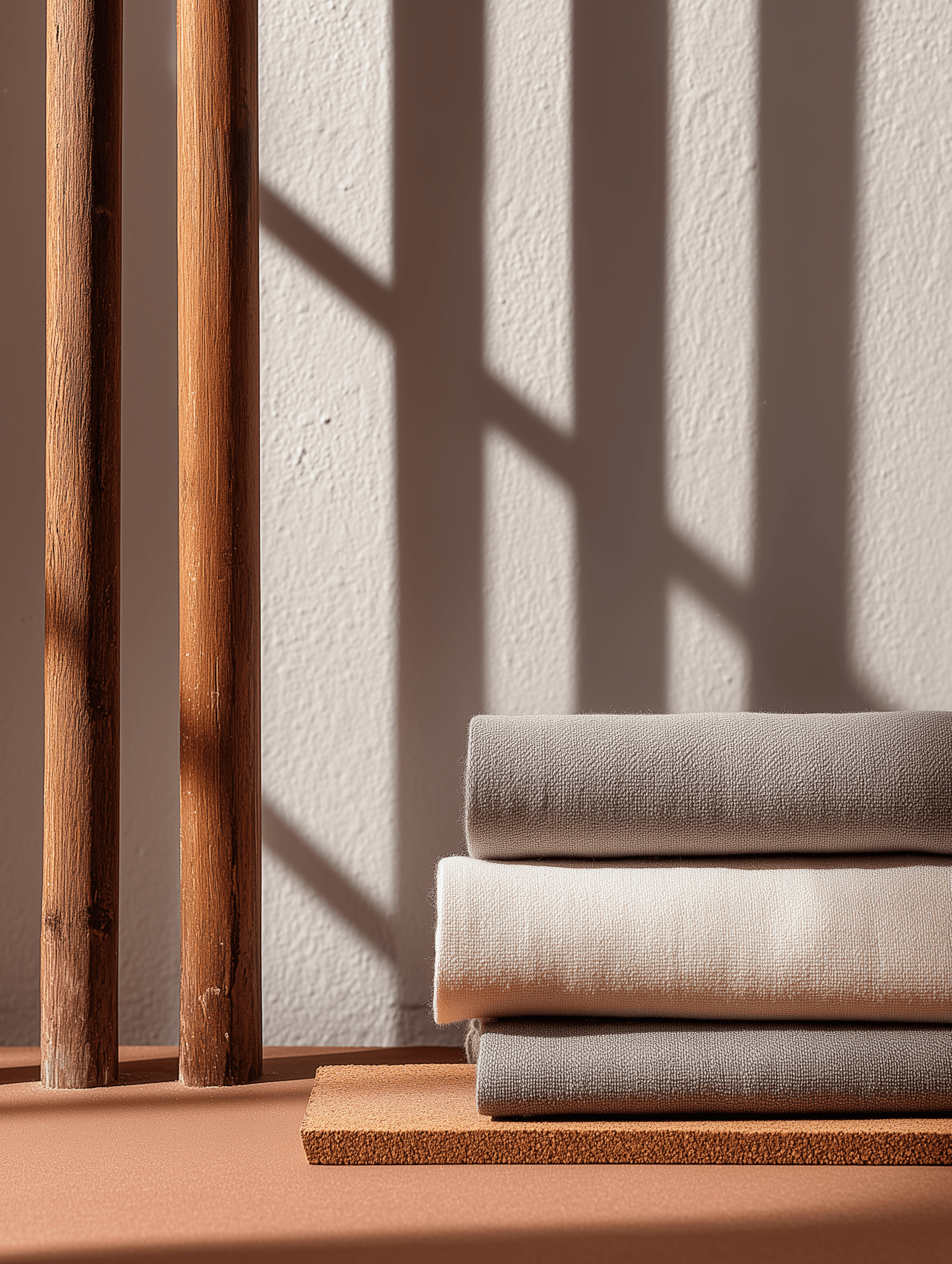 A stack of folded gray and cream linen on a cork board beside two wooden posts, with window shadows falling across a pale plaster wall