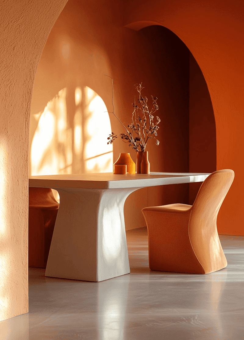 Warm, modern dining space with orange tones, a sculptural white table, curved chairs, and sunlight streaming through arched windows.