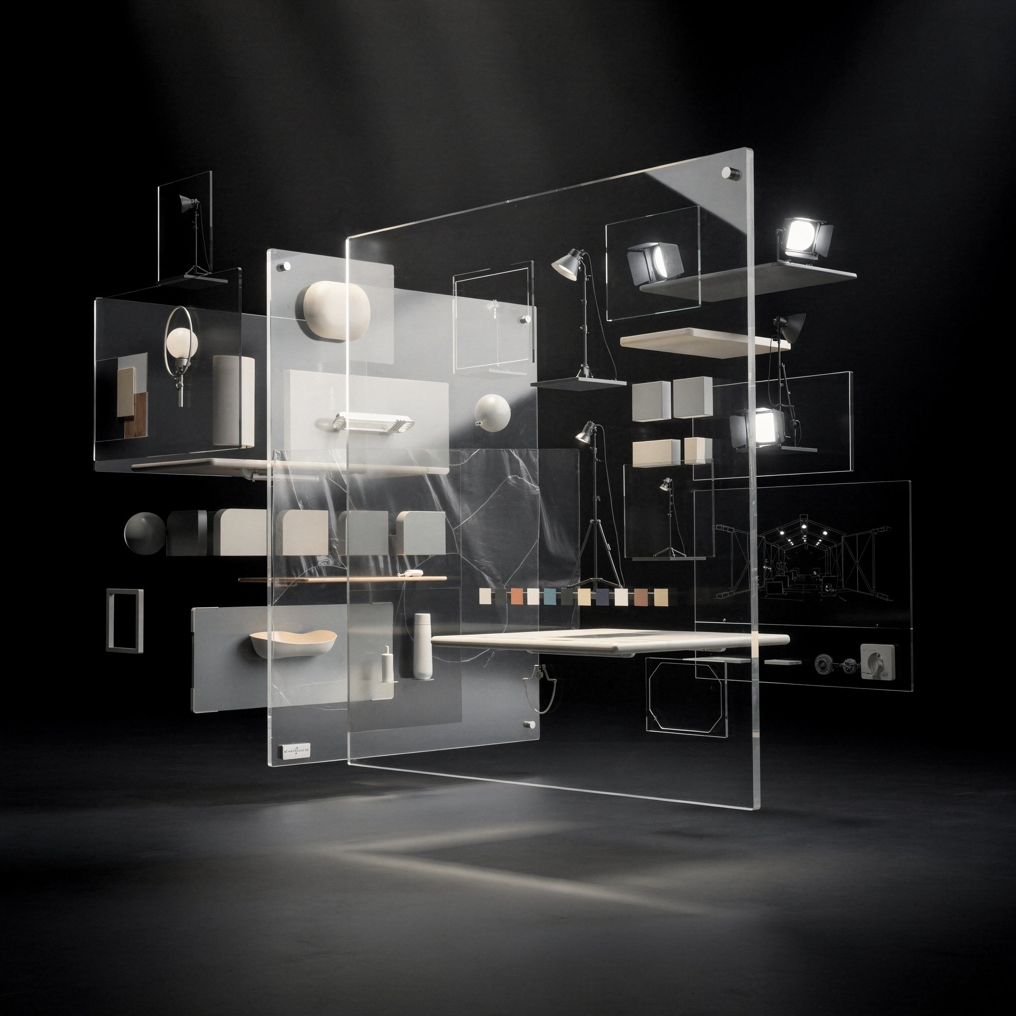 A surreal, abstract composition of various objects and architectural elements are suspended in mid-air against a dark background