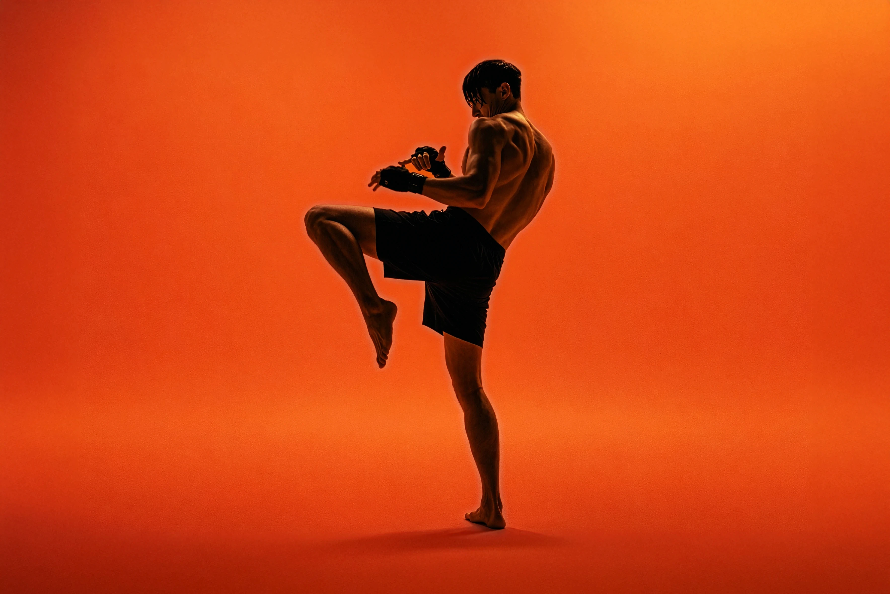 Fighter with wraps in a knee-strike stance against an orange backdrop.