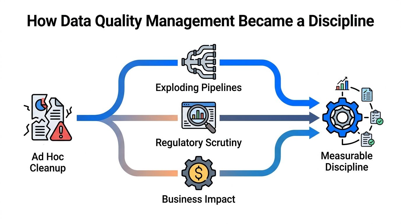 A diagram illustrating how data quality management evolved from ad hoc cleanup to a measurable business discipline.