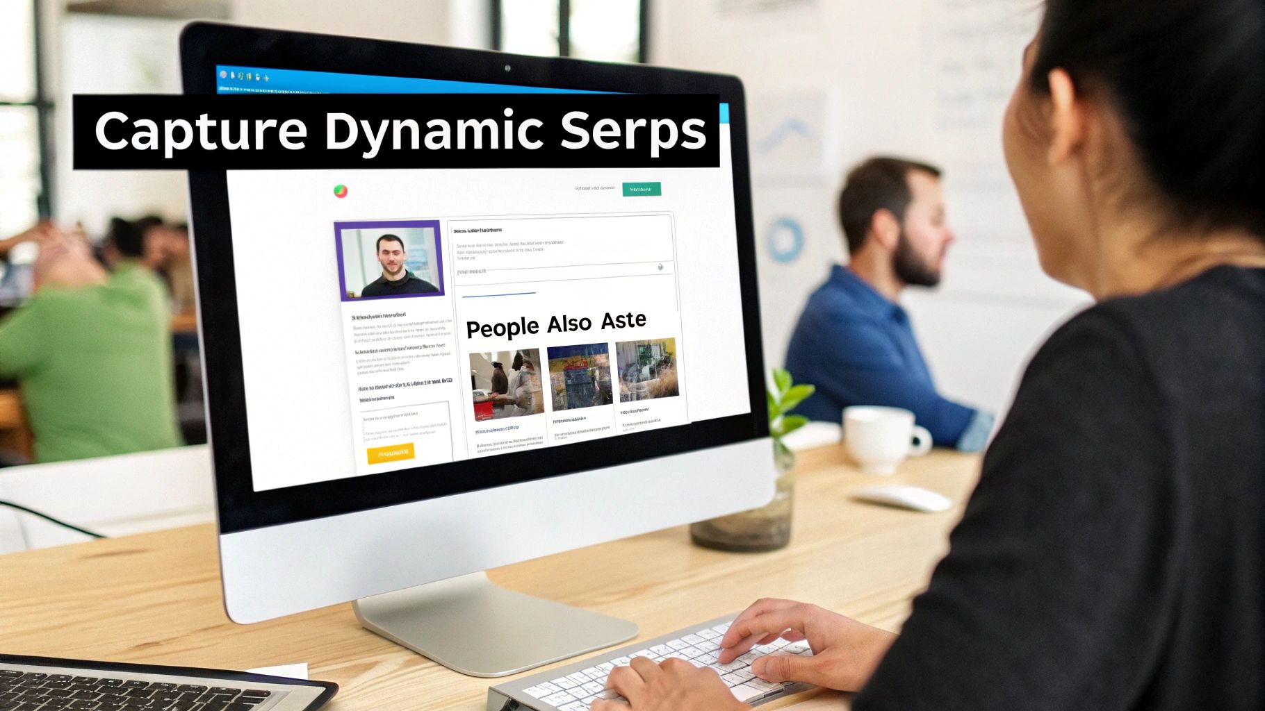 A person typing on a keyboard while viewing a computer screen displaying Google search results and a 'Capture Dynamic Serps' overlay.