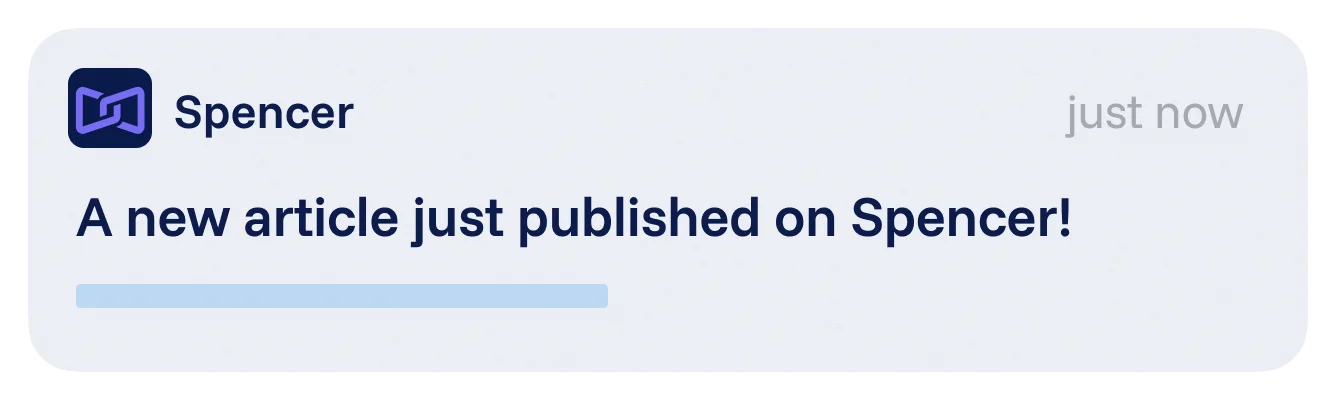 Spencer notification indicating that a new article has been published, including a timestamp and short preview text