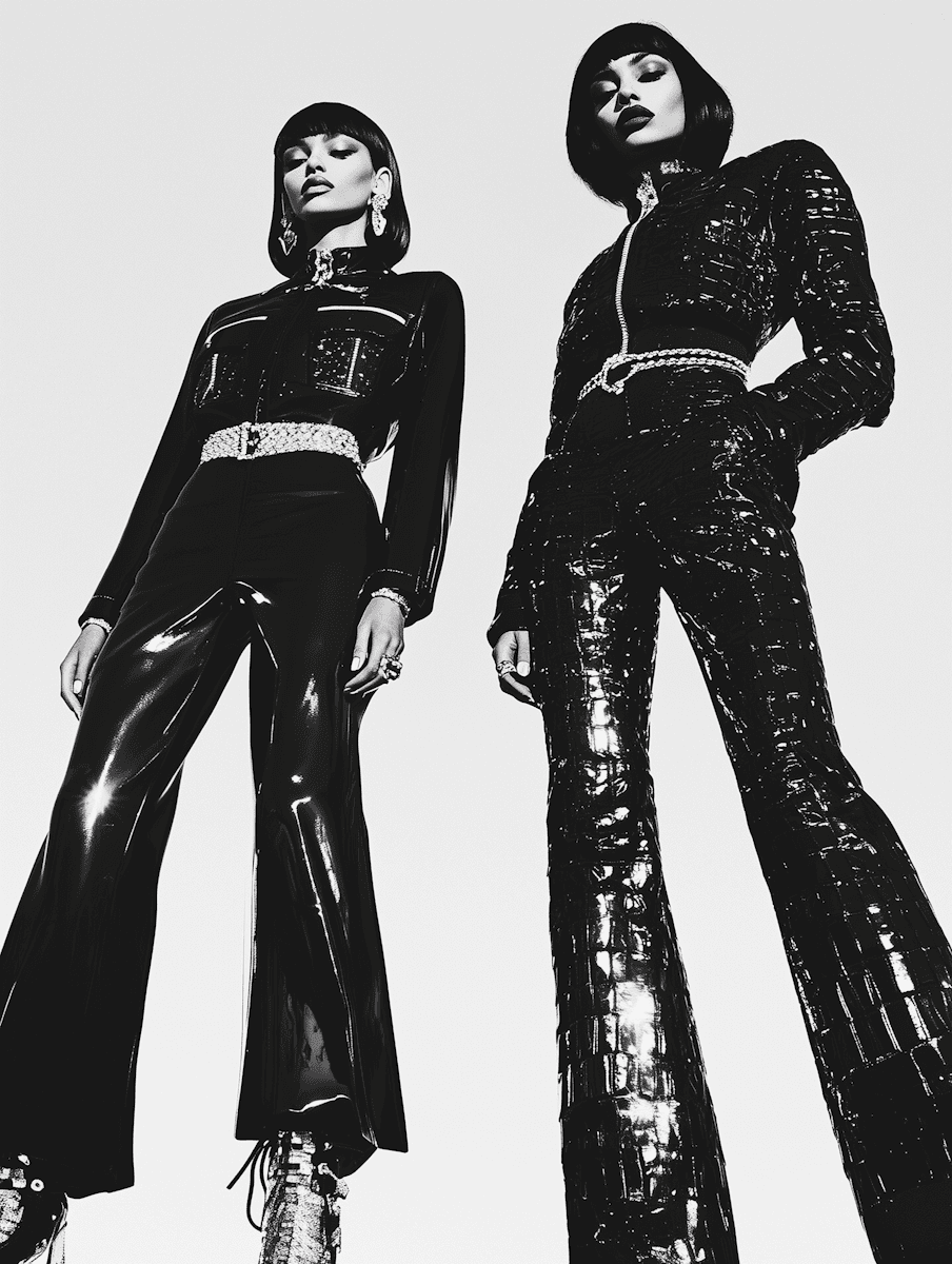 Black and White photo of two woman in black leather outfits, shot from below with the women looking down at the camera