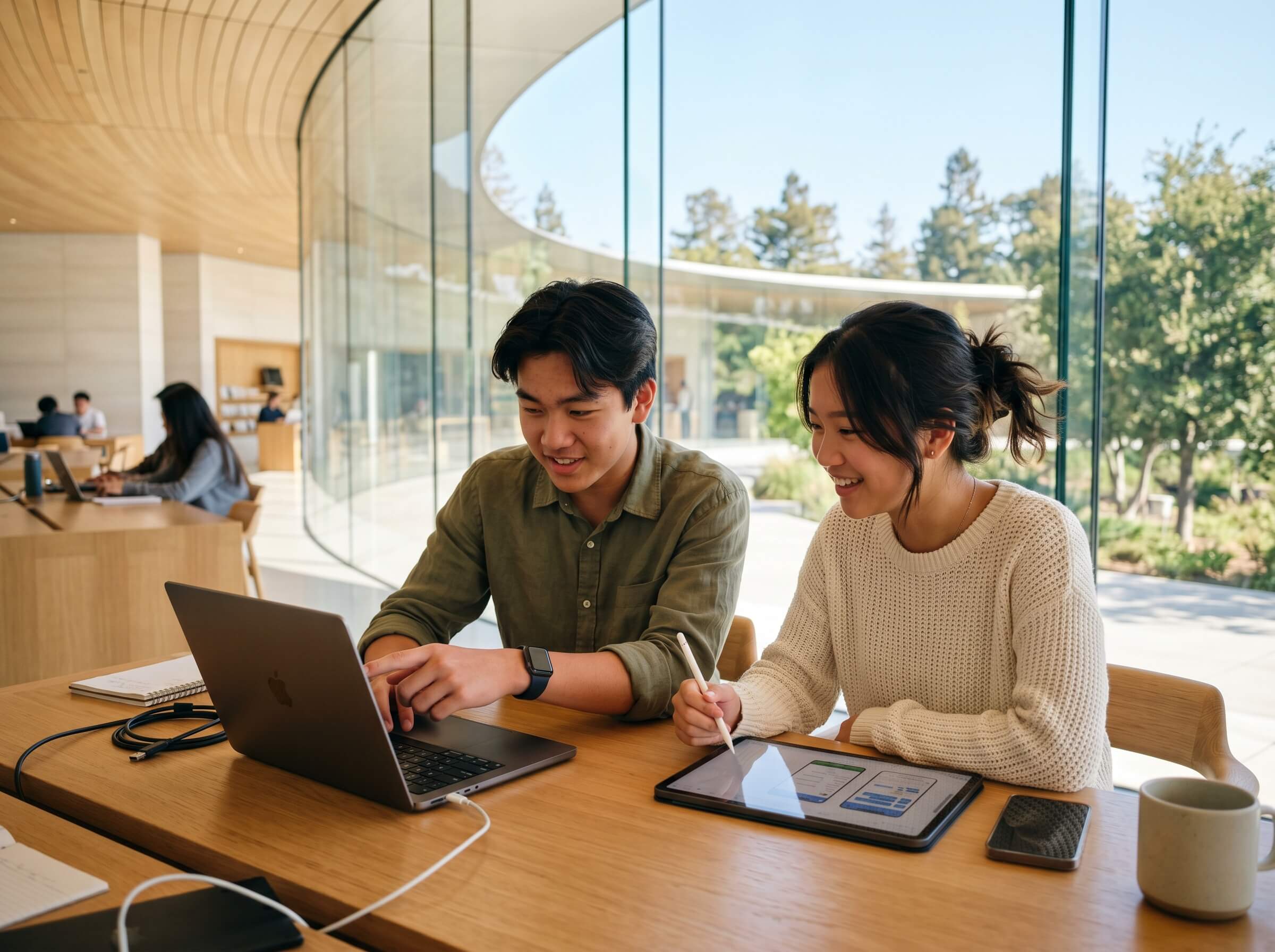 A man and a woman are sitting at a wooden table, collaborating on a project with a laptop and a tablet in a modern, sunlit workspace with large, curved glass windows showcasing a lush outdoor setting.