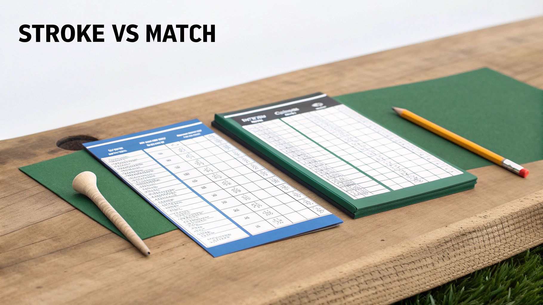 Two golf scorecards, a pencil, and a wooden tee on a rustic wooden surface, with 
