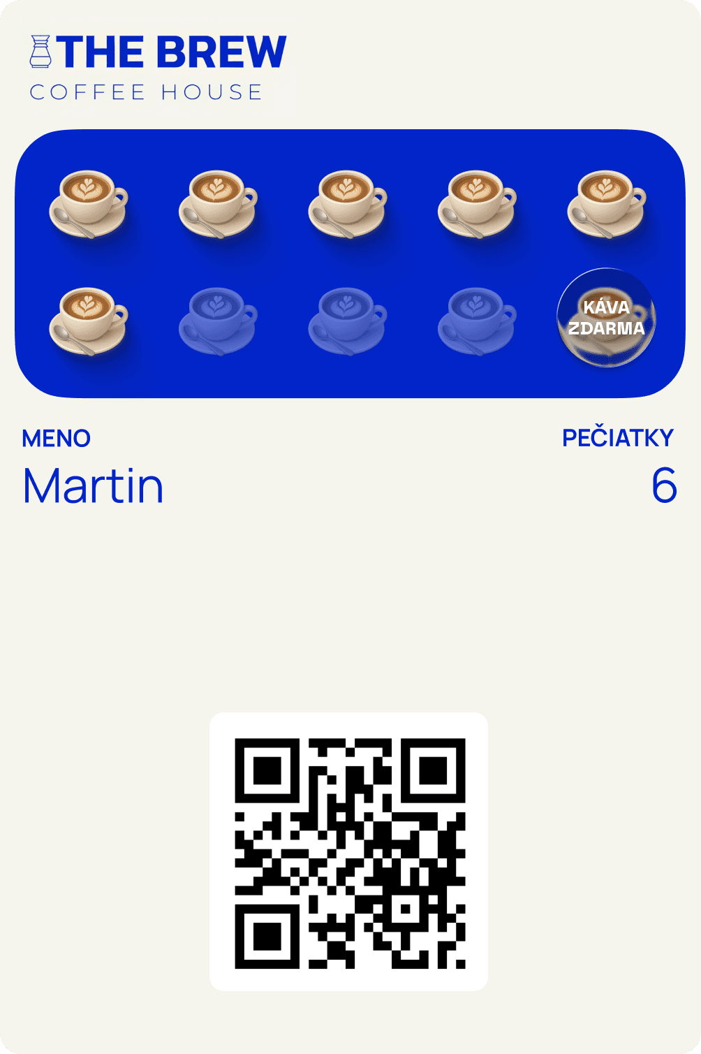 Digitálna pečiatková karta kaviarne The Brew Coffee House s 10 pozíciami pre šálky kávy. 6 zozbieraných pečiatok, posledná pozícia = káva zdarma. Modro-krémový dizajn s latte art šálkami. Meno Martin.