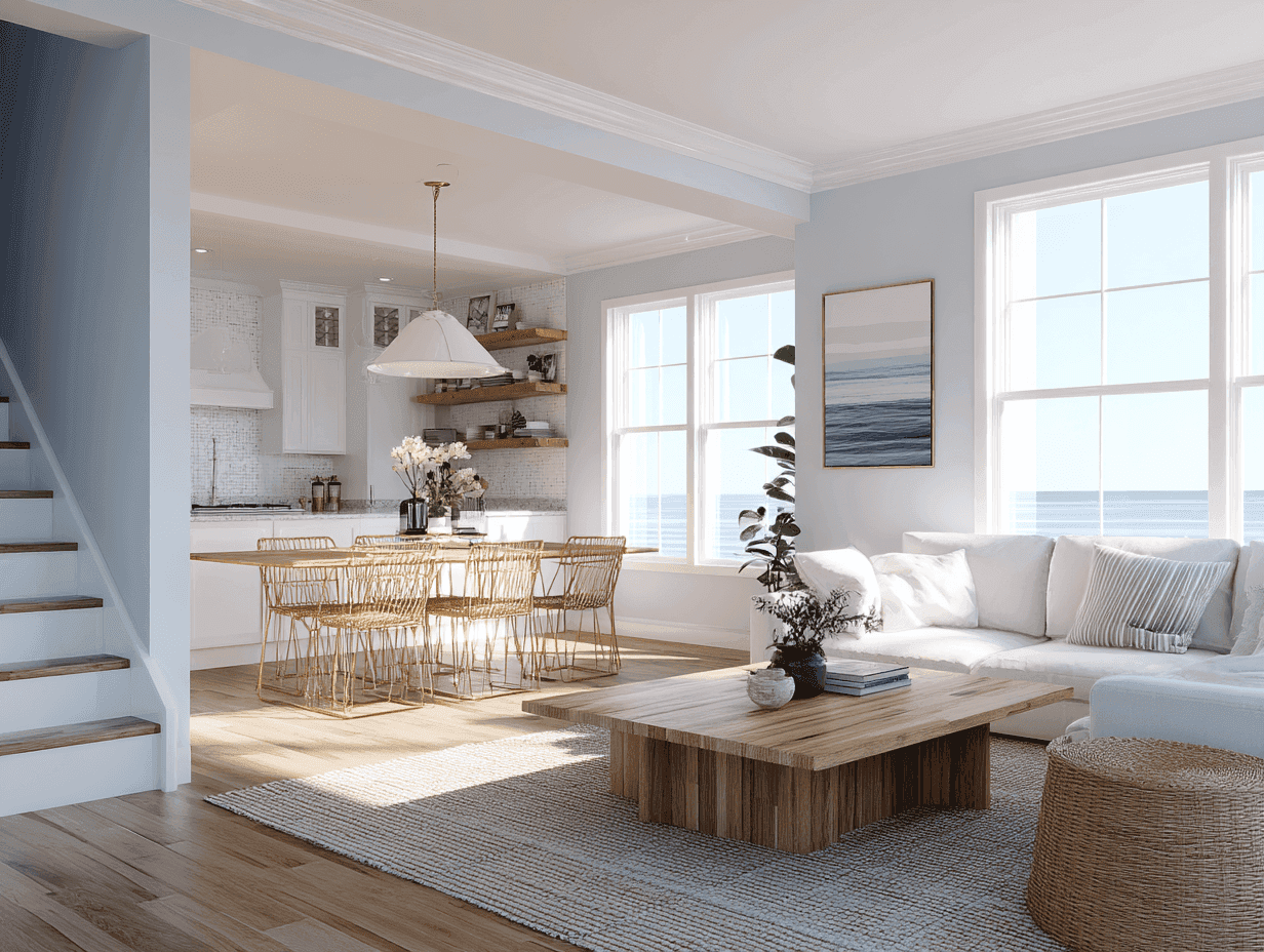 Coastal-themed living room with a beige sofa, blue cushions, and wicker furniture. Large window shows a serene ocean view, conveying tranquility.