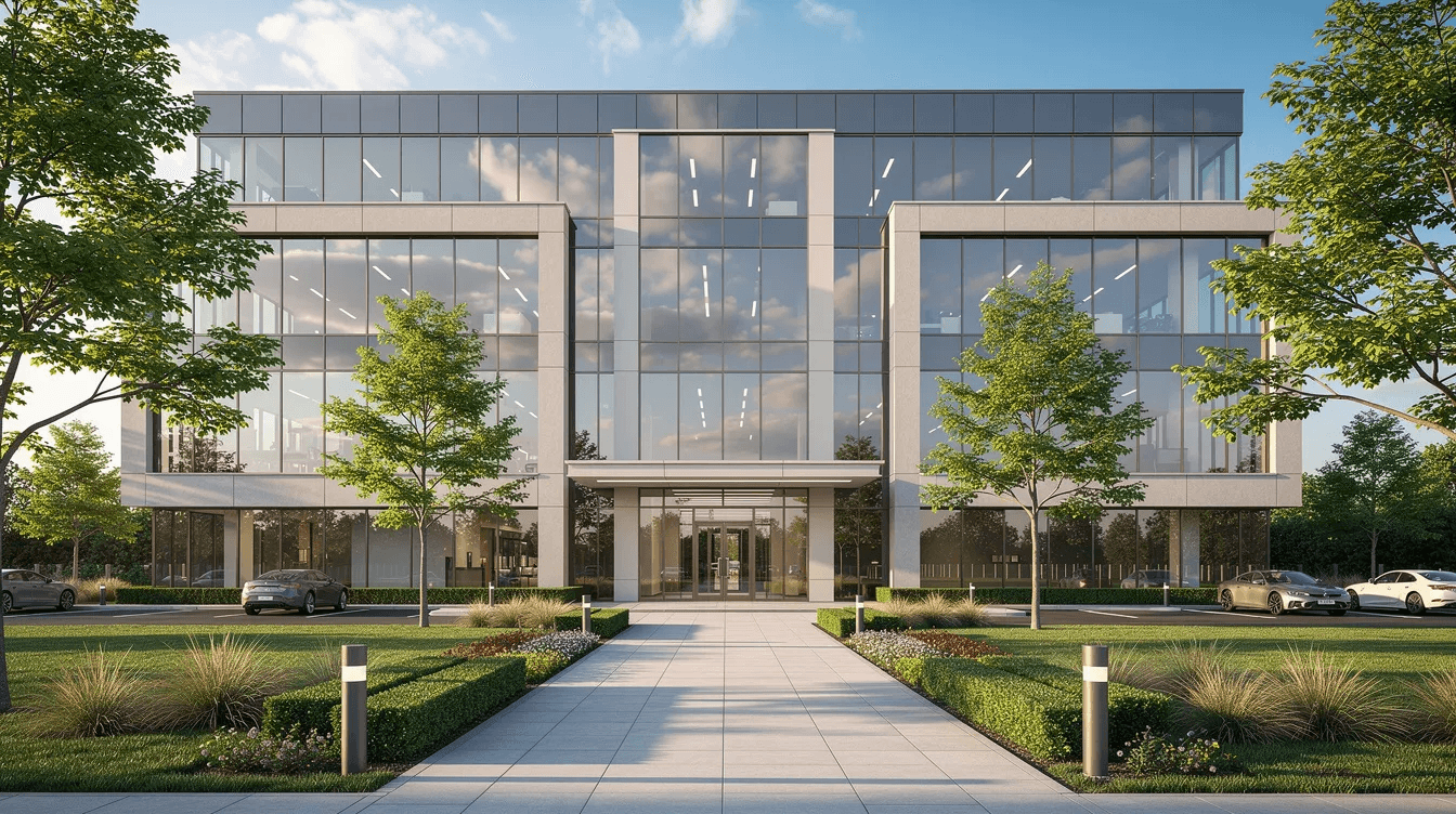 The image depicts a modern commercial real estate building featuring sleek glass windows and well-maintained professional landscaping, showcasing a prime investment property that could attract real estate investors looking to expand their portfolios. This contemporary office building represents a potential opportunity for tax deferral strategies, such as a 1031 exchange, allowing for the deferral of capital gains taxes when selling appreciated property.