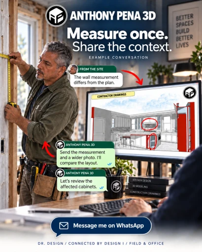 Illustrated contractor measuring a framed wall beside a kitchen model and example messages.