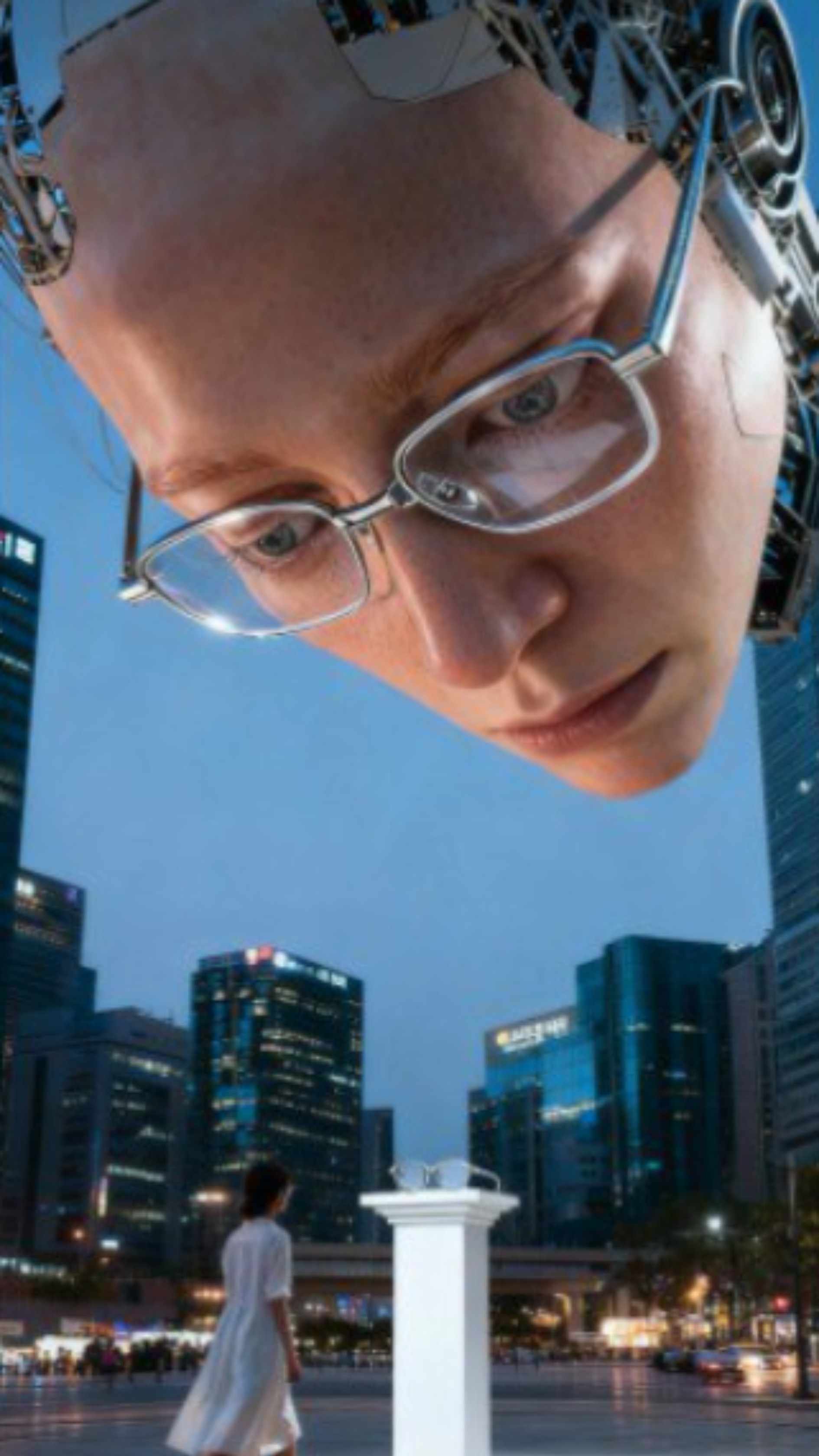 Giant, hyper-realistic robotic head sculpture