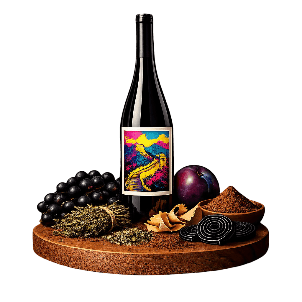 Artistic label and flavor profile for Chinese Cabernet Sauvignon on a rustic wooden table.