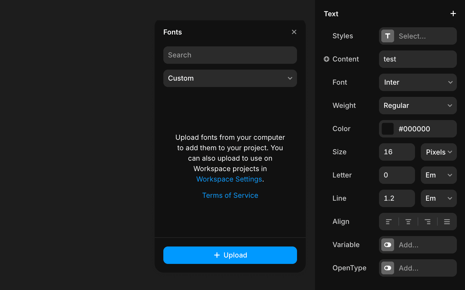 A dark-themed font customization interface showing options to search for fonts, upload custom fonts, and configure font styles. The left panel allows font upload with a blue '+ Upload' button. The right panel displays text styling settings, including font selection, weight, size, color, and alignment options.