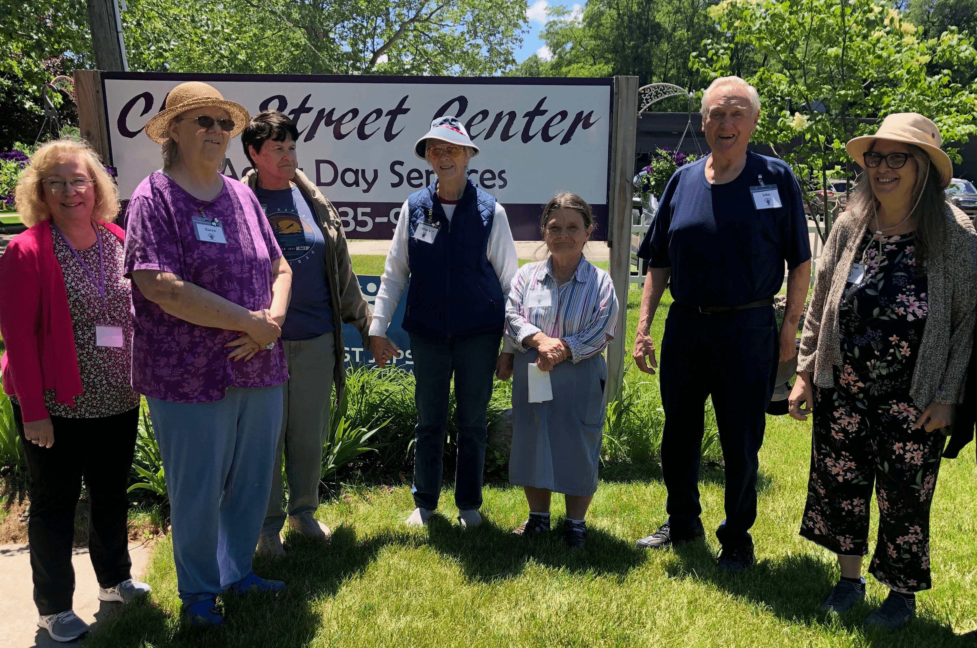 Elderley people with dimentia and Alzheimer's in front of Clay Street Center Day Center in Greenville, Michigan, USA