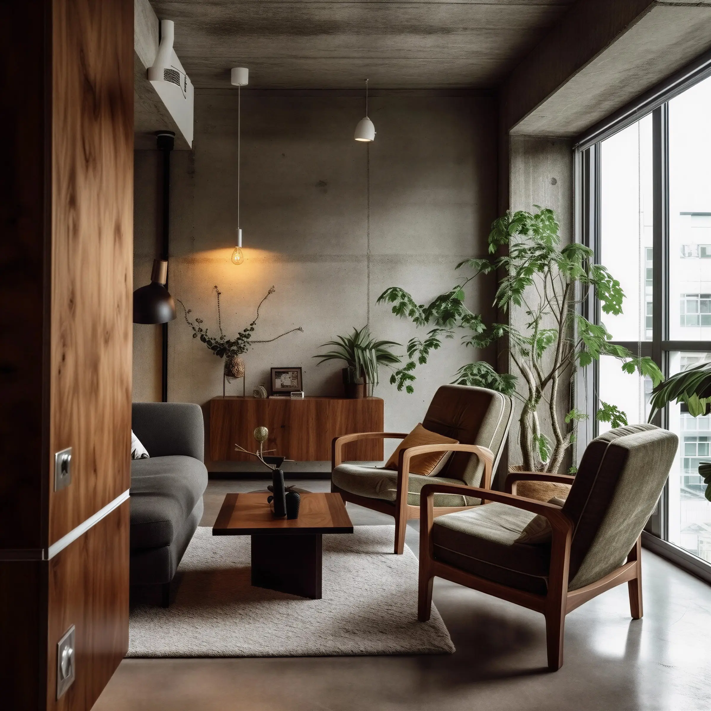 Industrial-style living room with exposed concrete walls, two mid-century modern green upholstered armchairs, a low wood coffee table, a grey sofa, and large potted plants near a window.