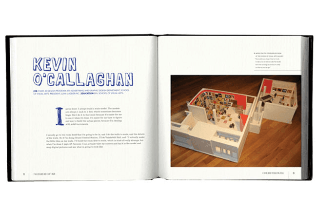 The image shows an open book displaying text on the left page and a photograph on the right page. The left page features the title "KEVIN O'CALLAGHAN" in large, bold blue letters. Below the title is a substantial block of text. The right page contains a photograph of a model building, primarily white with red accents, placed on a wooden floor. The model includes various interior elements, such as walls, floors, and furniture sections. Text in a smaller font appears in the top right corner of the right page.