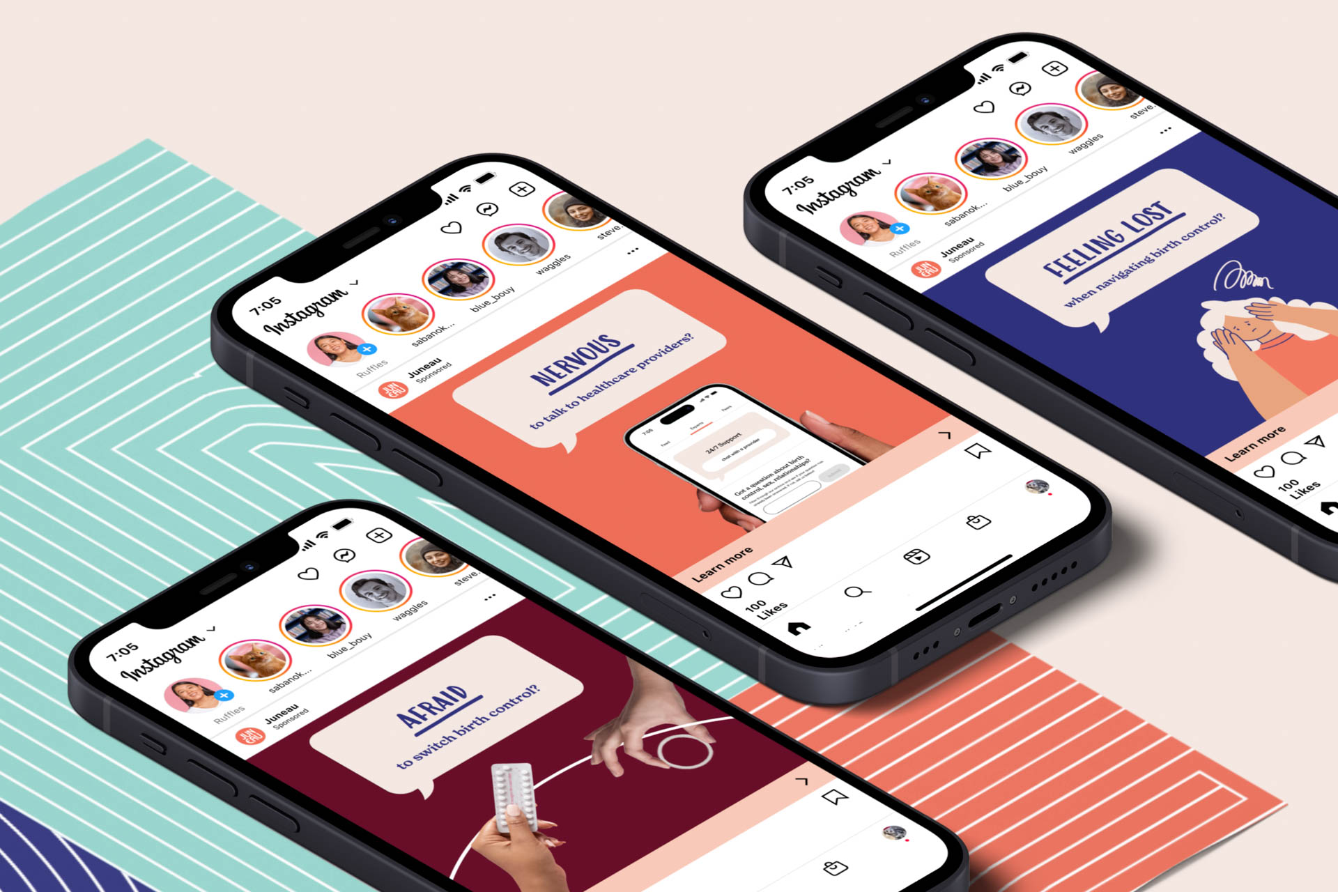 Three smartphones are displayed on a light pink surface, each showing a social media interface. The phone on the left displays Instagram, the center shows “Nervous,” and the right shows “Feeling Lost.” Each phone shows profile pictures, timestamps, and text messages. The phones are angled slightly, with black bezels and rounded corners.