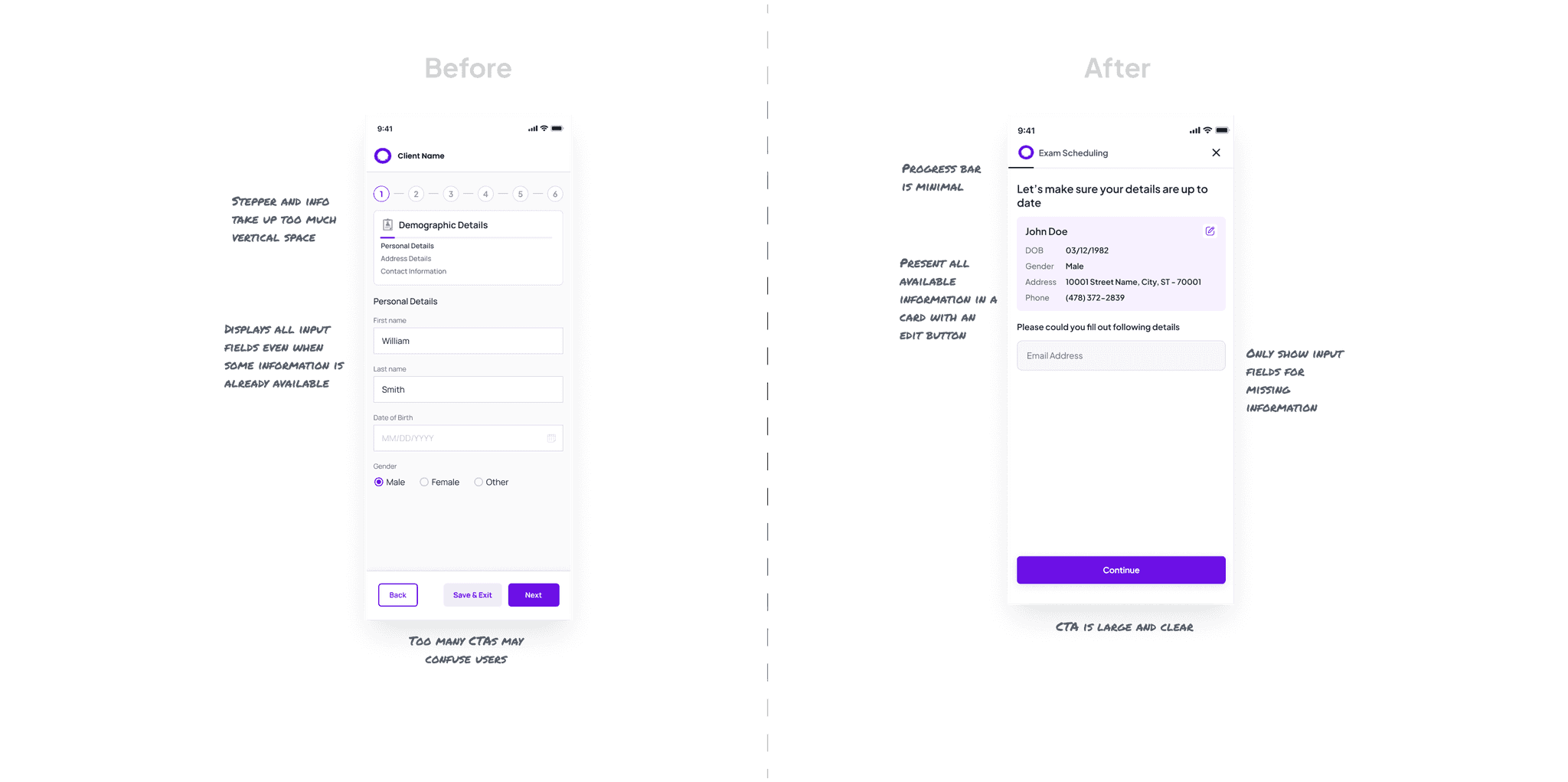 before and after ui screen of the demographic section with annotation of design thinking.