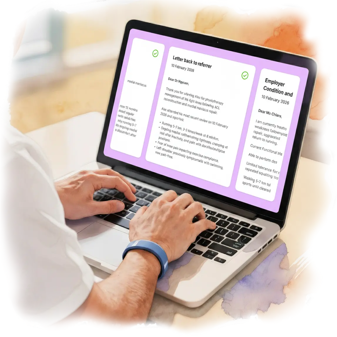 A physiotherapist is on his laptop, using Preve, where all the important patient documents are ready and set to be sent.