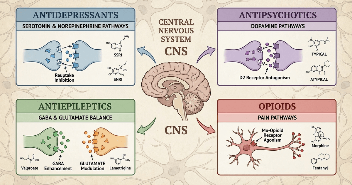 Cover: NEET PG CNS Pharmacology Glossary 2026: Antidepressants, Antipsychotics, Antiepileptics and Opioids — High-Yield Drug Classes, Mechanisms and MCQ Mnemonics