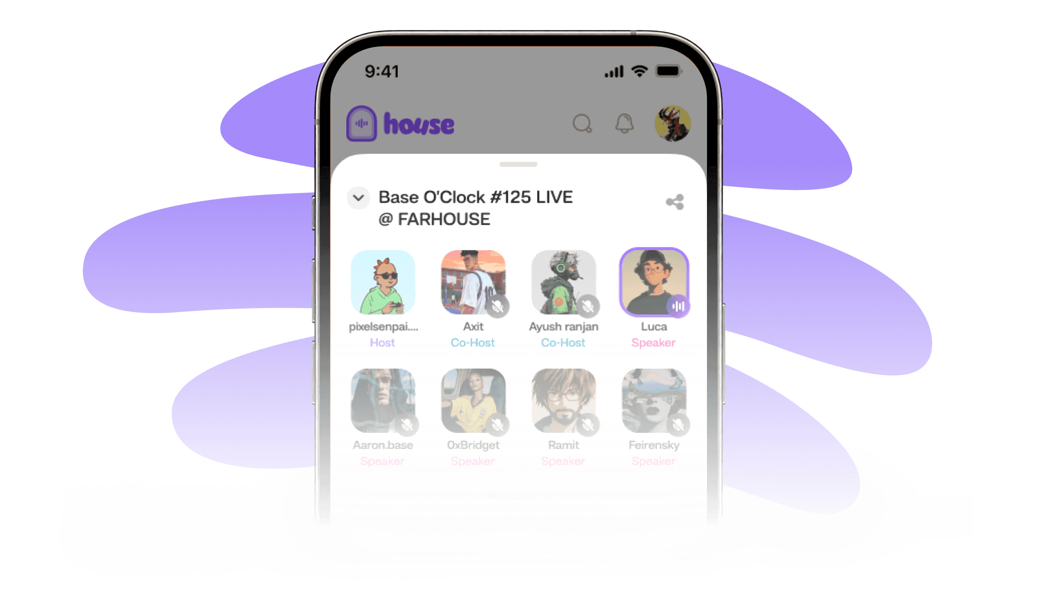 Live audio Space with host, co-hosts, and speakers shown in the House app.