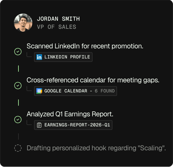 Scout agent researching a prospect — scanning LinkedIn, checking calendar availability, and analyzing earnings reports before drafting a personalized outreach message.