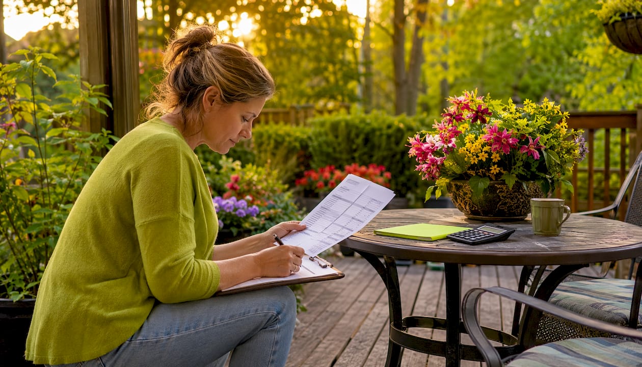 Hands calculating composite decking cost estimate