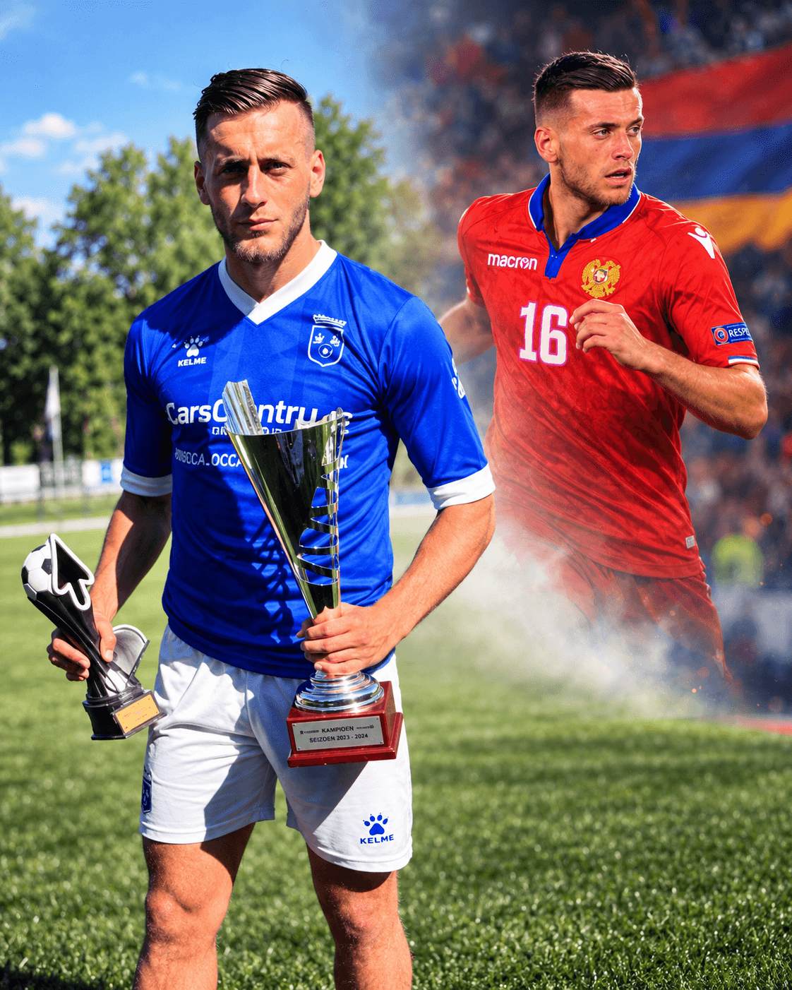 Gazar in voetbaltenue met trofeeën