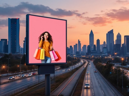 A billboard advertisement showing a woman with shopping bags in front of a city skyline at sunset.
