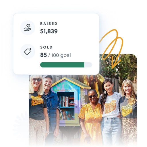 A group of smiling people stand proudly in front of a little library they helped build. $1,839 was raised and 85 of 100 fundraising goals were met.