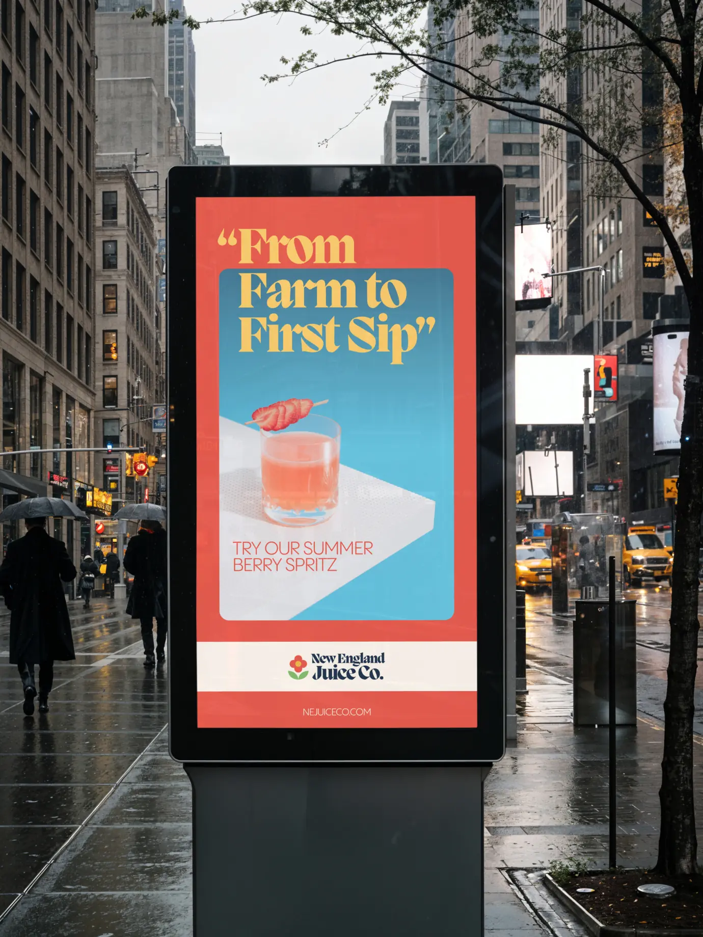 New England Juice Co. — Digital city advertisement with juice campaign — Outdoor advertising